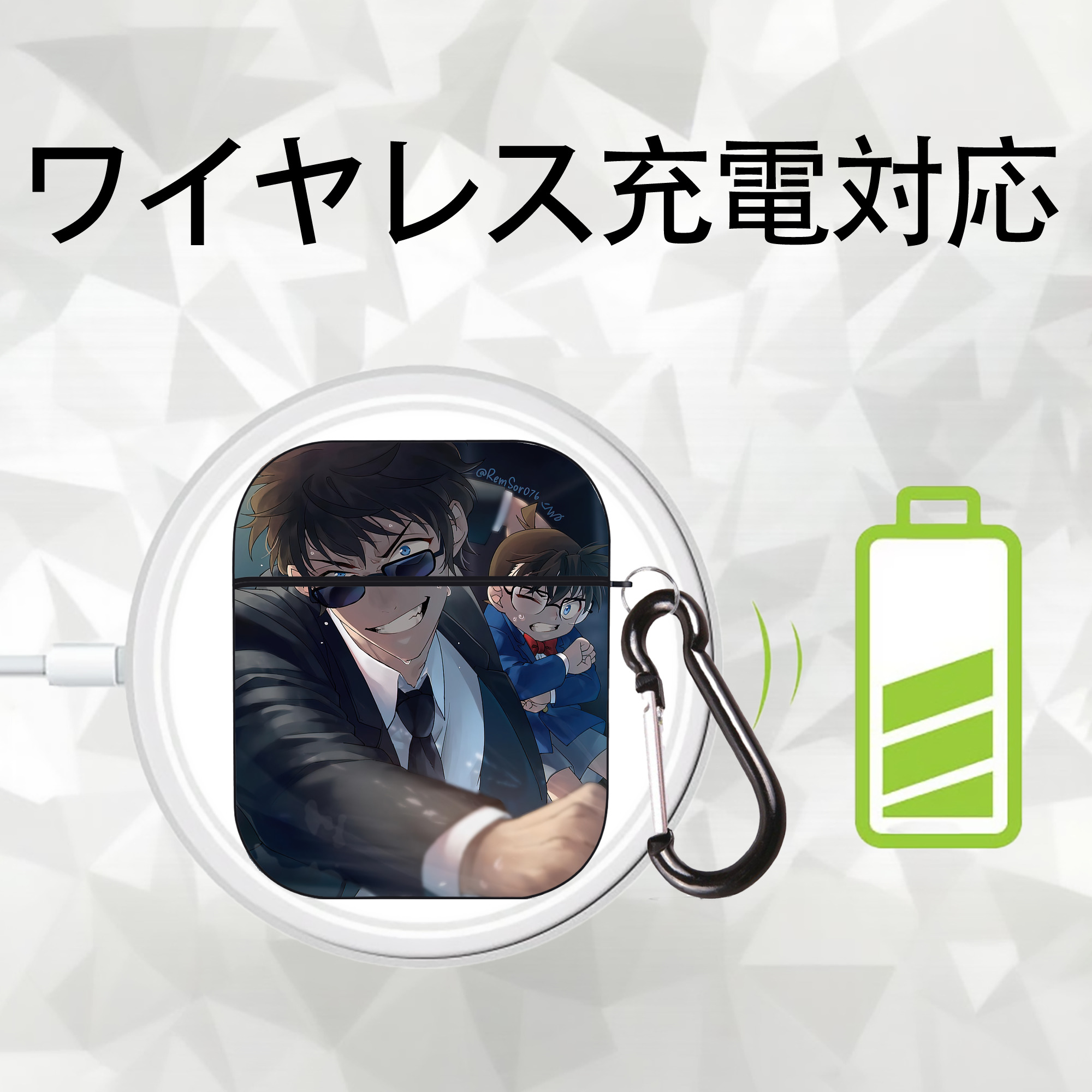 名探偵コナン Detective Conan AirPods 第2世代保護ケース ハードシェル ブラック 耐衝撃・防指紋・カラビナ付き