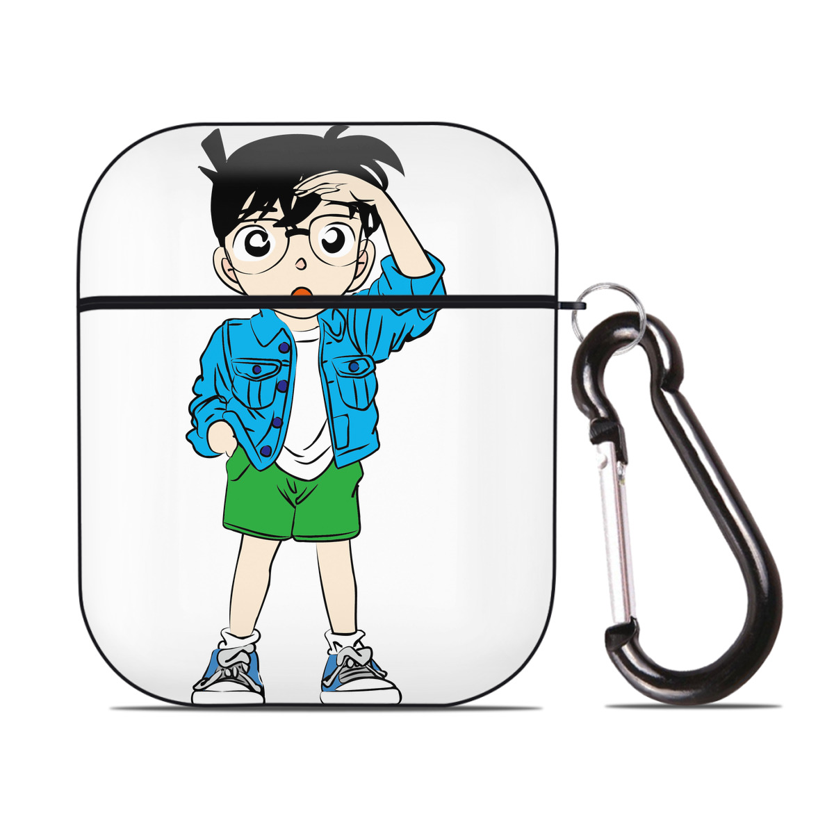 （画像用） 名探偵コナン 江戸川 コナン Detective Conan Conan Edogawa AirPods 第2世代保護ケース ハードシェル ブラック 耐衝撃・防指紋・カラビナ付き