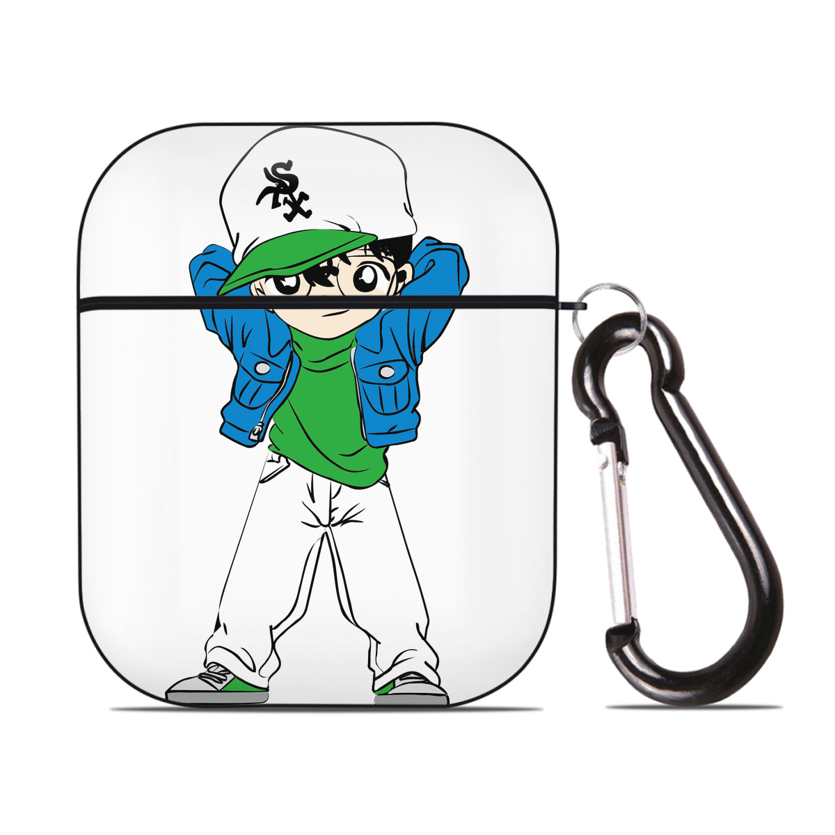 （画像用） 名探偵コナン 江戸川 コナン Detective Conan Conan Edogawa AirPods 第2世代保護ケース ハードシェル ブラック 耐衝撃・防指紋・カラビナ付き