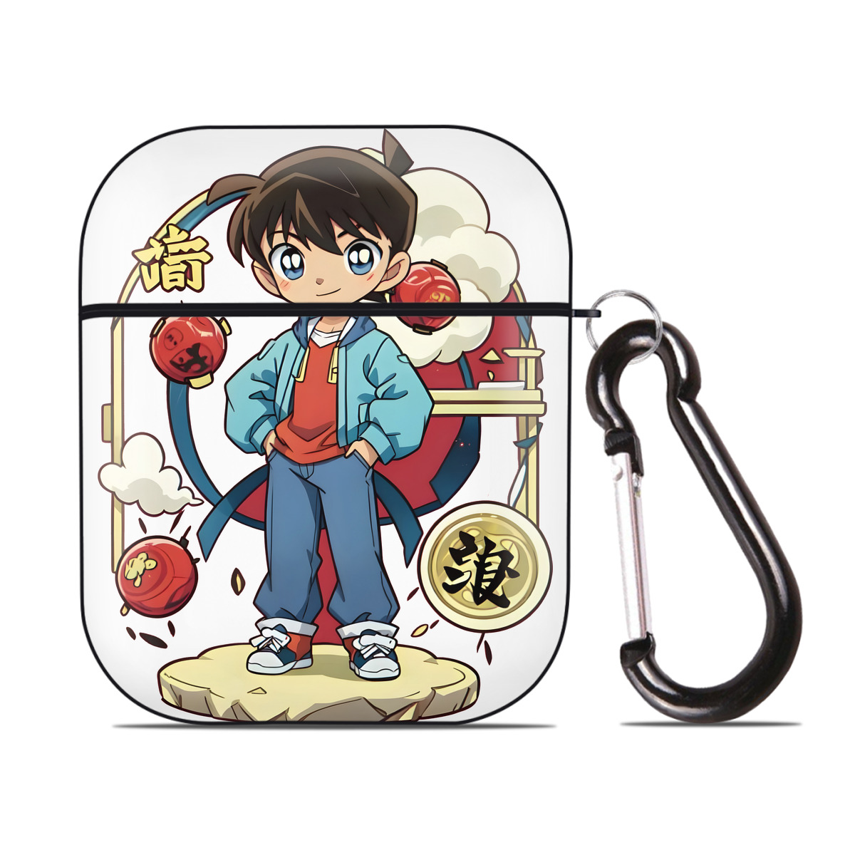 （画像用） 名探偵コナン 江戸川 コナン Detective Conan Conan Edogawa AirPods 第2世代保護ケース ハードシェル ブラック 耐衝撃・防指紋・カラビナ付き