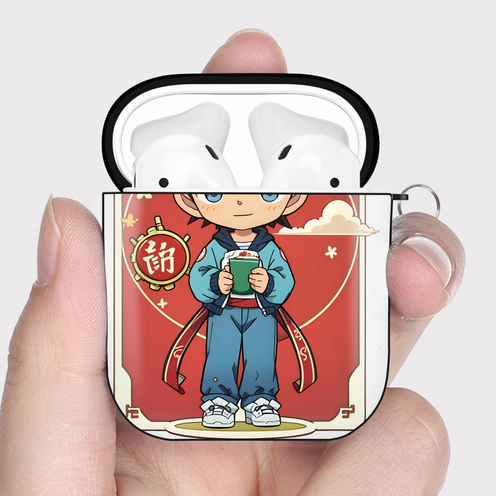 （画像用） 名探偵コナン 江戸川 コナン Detective Conan Conan Edogawa AirPods 第2世代保護ケース ハードシェル ブラック 耐衝撃・防指紋・カラビナ付き