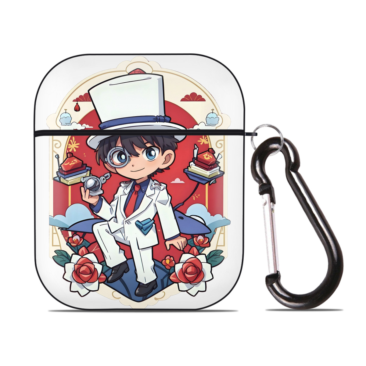 （画像用） 名探偵コナン くろば かいと Detective Conan Kuroba Kaito AirPods 第2世代保護ケース ハードシェル ブラック 耐衝撃・防指紋・カラビナ付き
