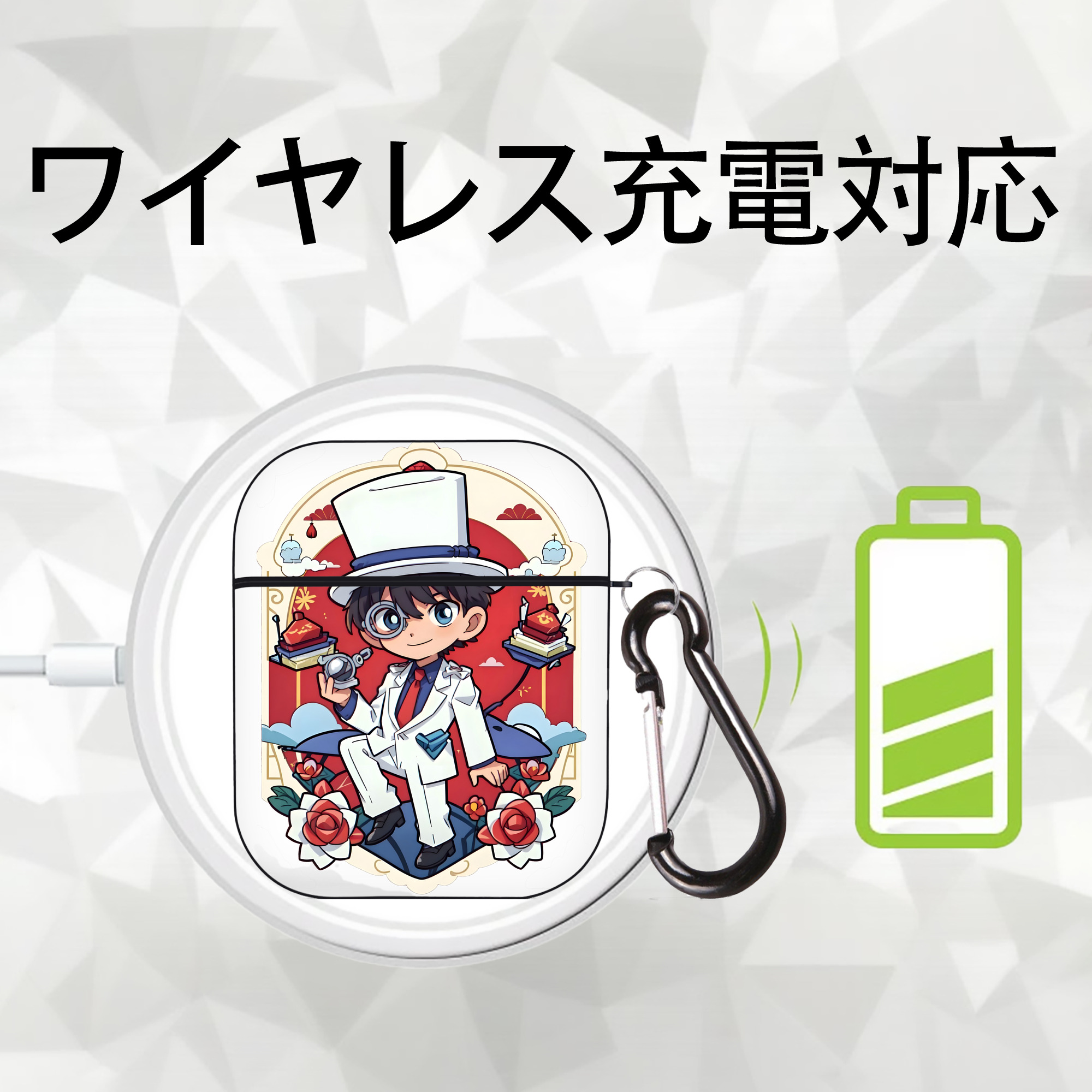 名探偵コナン くろば かいと Detective Conan Kuroba Kaito AirPods 第2世代保護ケース ハードシェル ブラック 耐衝撃・防指紋・カラビナ付き