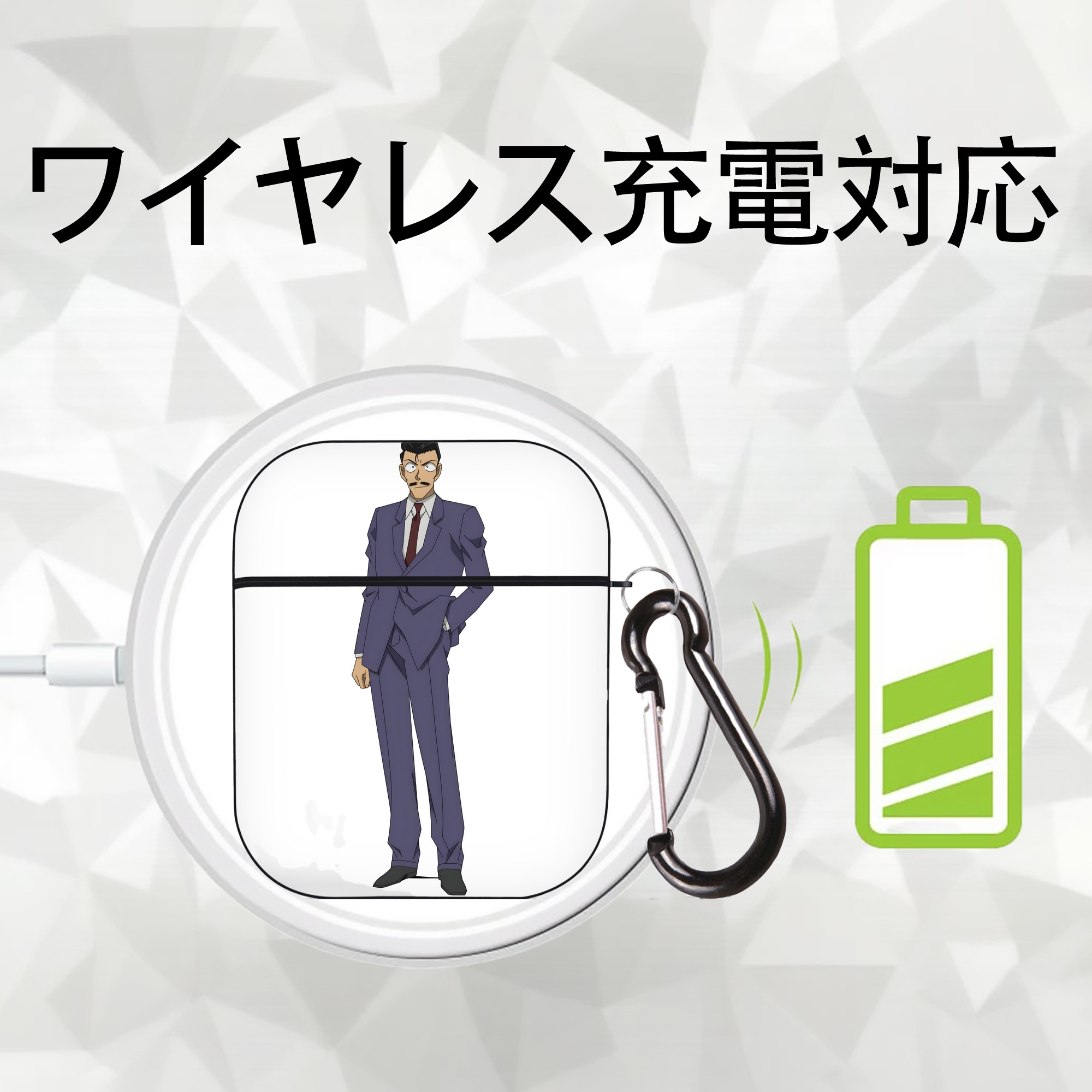 名探偵コナン 毛利 小五郎 もうり こごろう Detective Conan AirPods 第2世代保護ケース ハードシェル ブラック 耐衝撃・防指紋・カラビナ付き